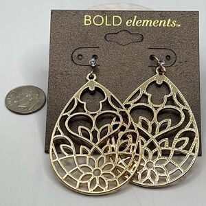 Bold Elements Earrings Gold Filigree Tear Drop Dangle